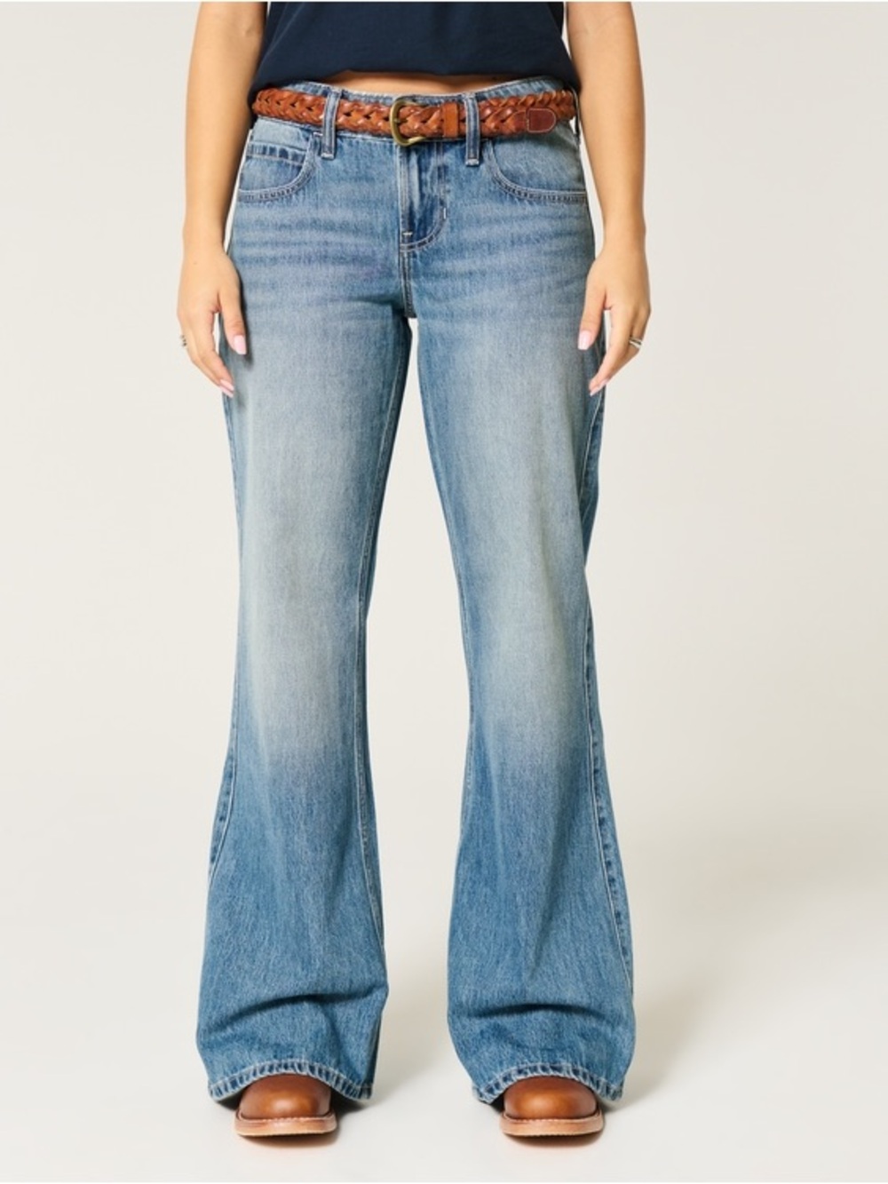 Hollister Low Rise Baggy Flare Jeans Y2K Mid Blue Wide Leg Rigid Denim 2R/26 EUC - Picture 14 of 15